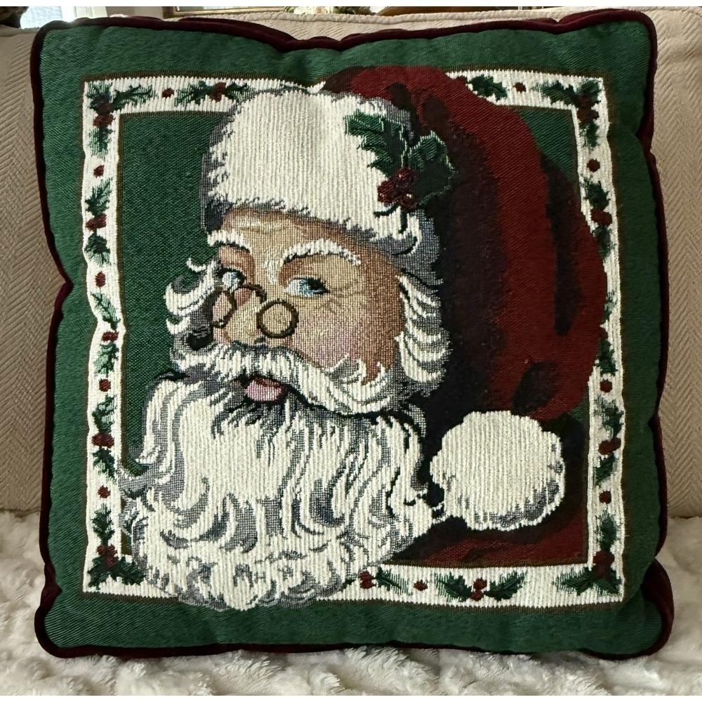 Vintage Christmas Santa Tapestry Throw Pillow With Burgundy Velvet‎ Back 16x18